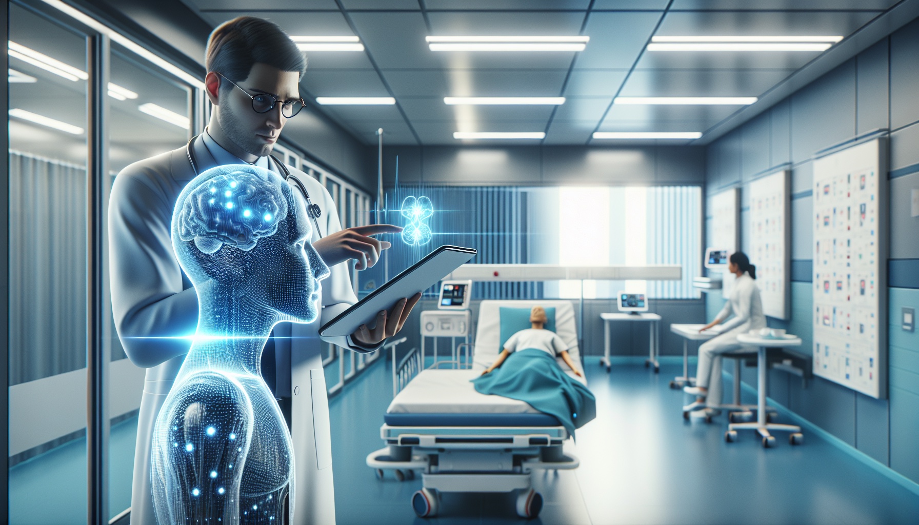 Visualize an image of a healthcare clinic, with a scene focusing on a doctor interacting with an AI-assisted diagnostic 