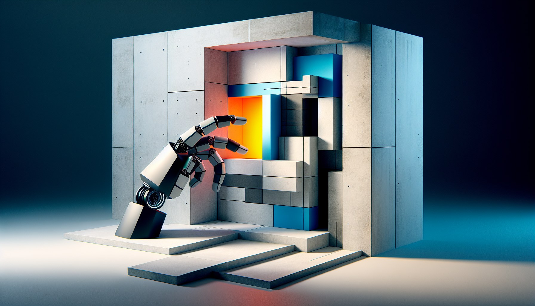 There is a stark minimalist image of a single bold geometric shape against a backdrop of mostly empty space. The object 