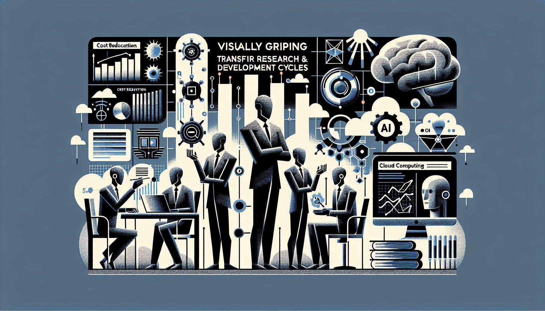 Create a visually gripping 16:9 editorial illustration involving the theme of AI Agents transforming Research and Develo