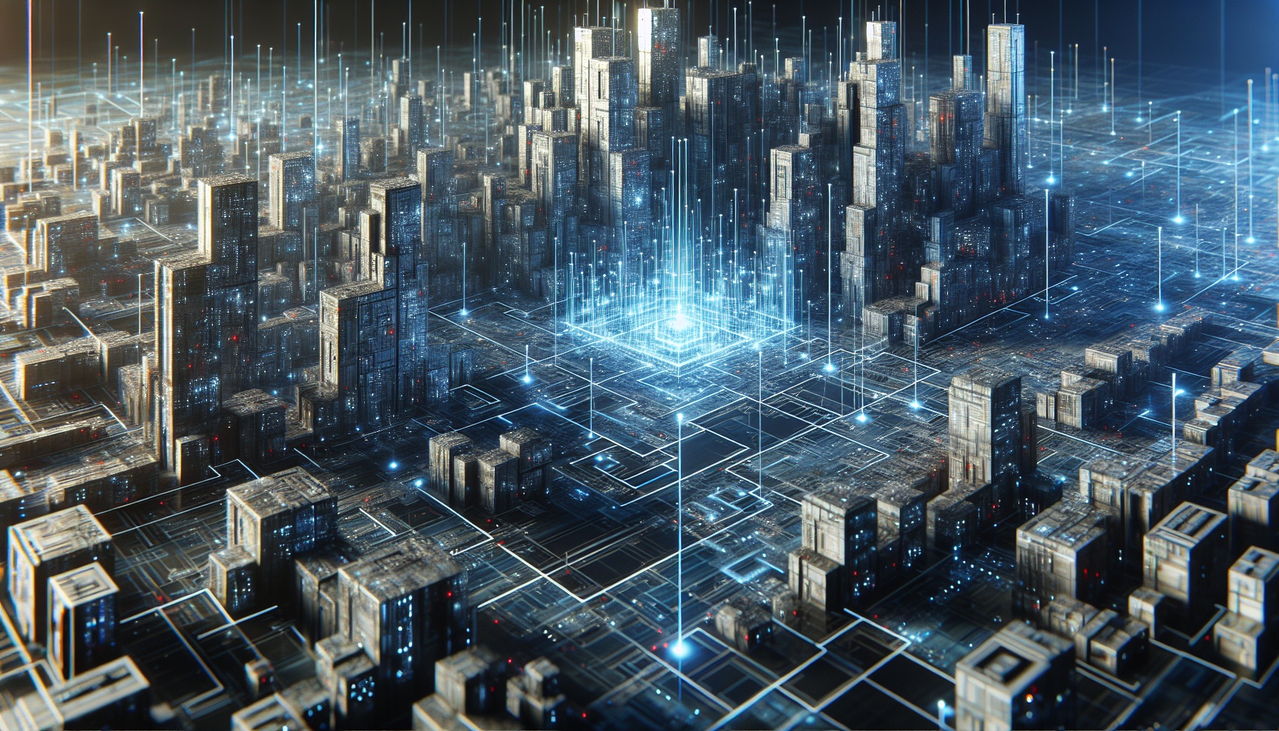 Create a carefully crafted wide-angle, 16:9 composition of a complex and multilayered digital city. The city is construc