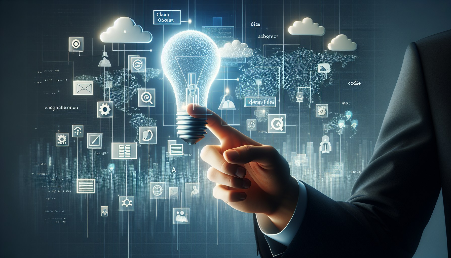 Create a minimalist, photorealistic image that symbolizes the idea of clean code and abstract ideas, in a professional b