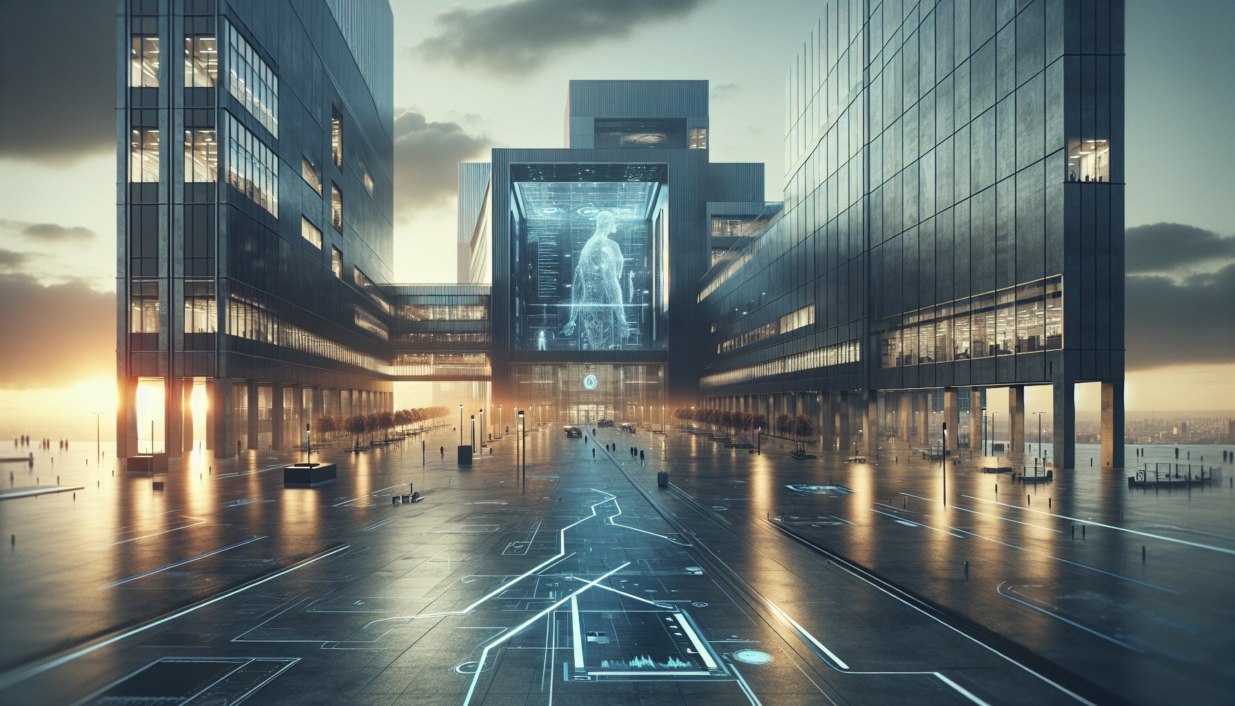 Generate a wide-angle, architectural landscape image in the style of a large-format film aesthetic. The frame should enc