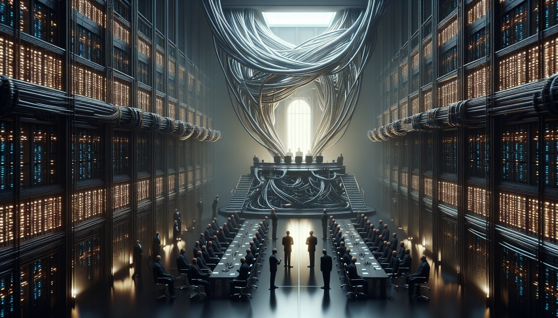 Produce a photorealistic, cinematic image which encapsulates the concept of AI-compliance and regulation and the inheren