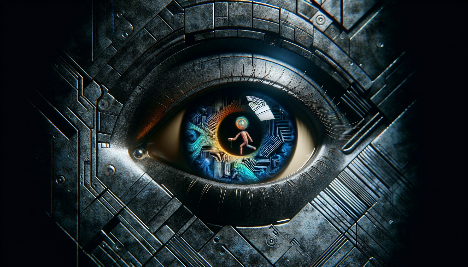 Create a striking photographic editorial illustration for a computer vision article. Imagine a stylized human eye, in th