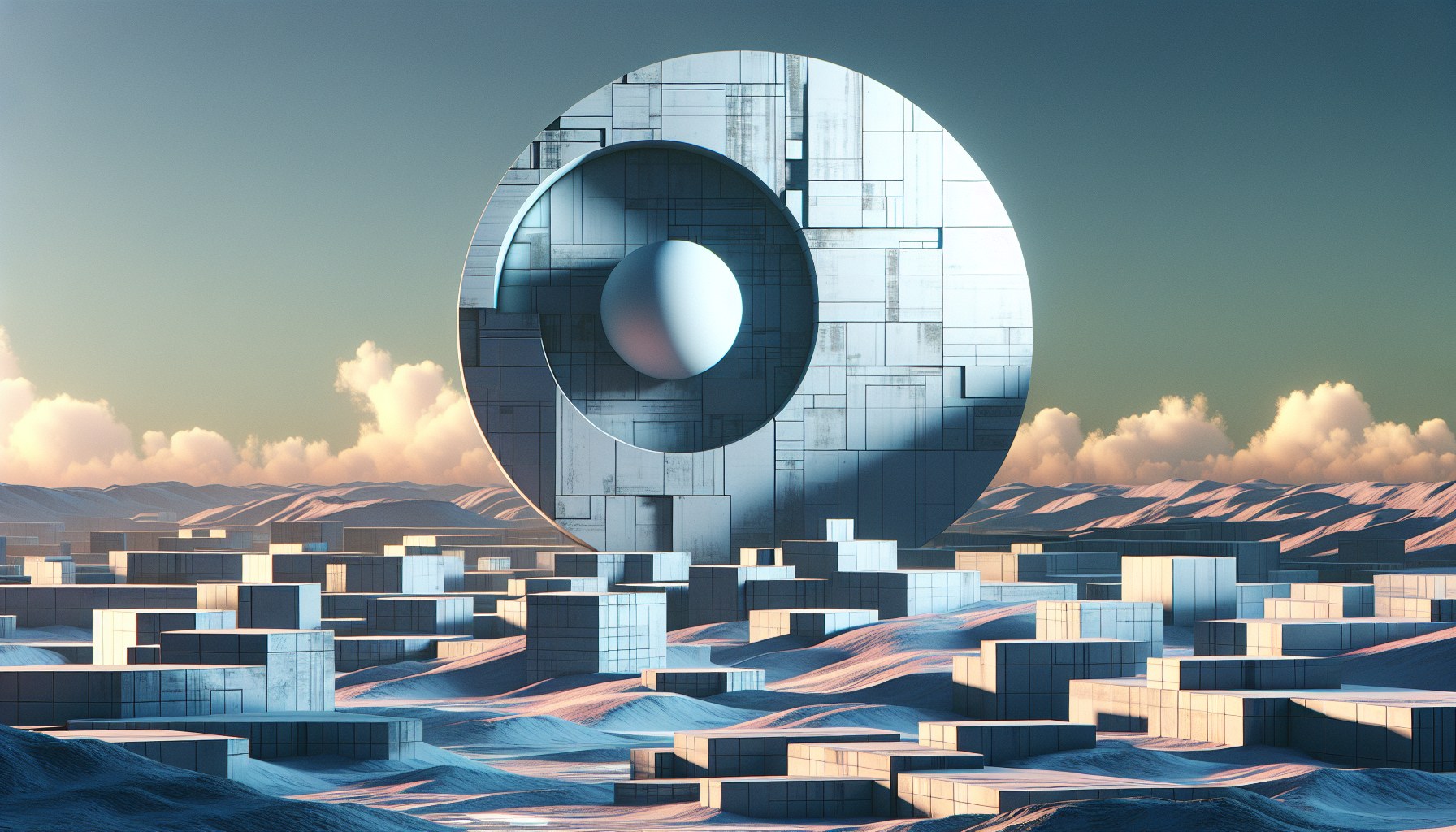Imagine an illustration in a 16:9 editorial composition that adheres to the concept of brutalist minimalism – a large ge