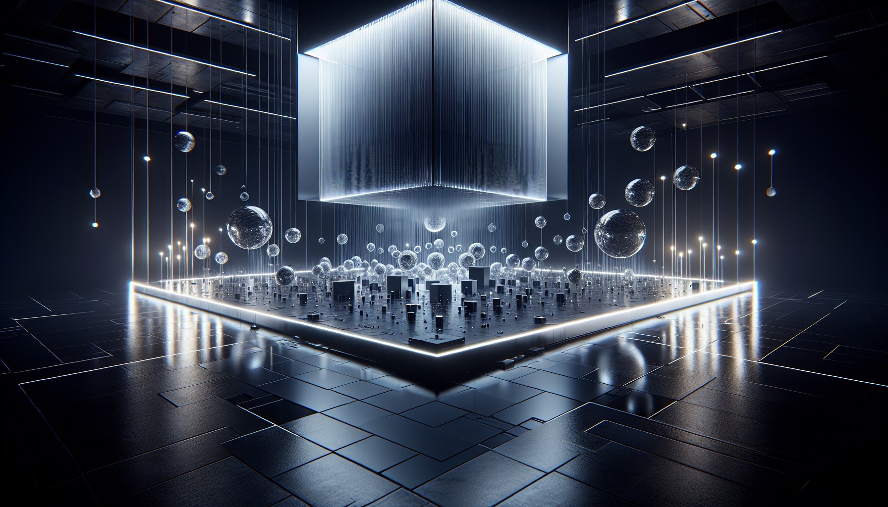 Imagine a cyberpunk inspired, monochrome scene in a large architecturally minimalistic space. In this high-angle wide sh