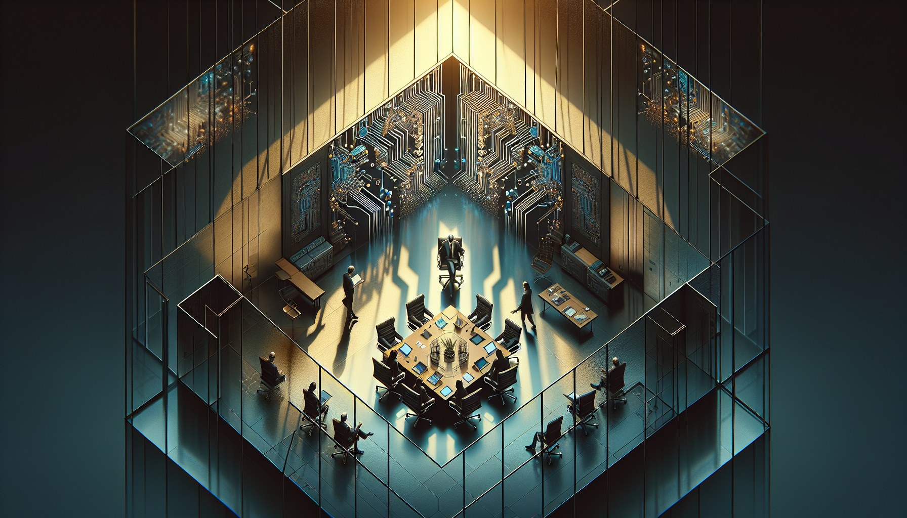 Create an editorial illustration embodying the tension and intricate dynamics of AI in corporate learning with strong el