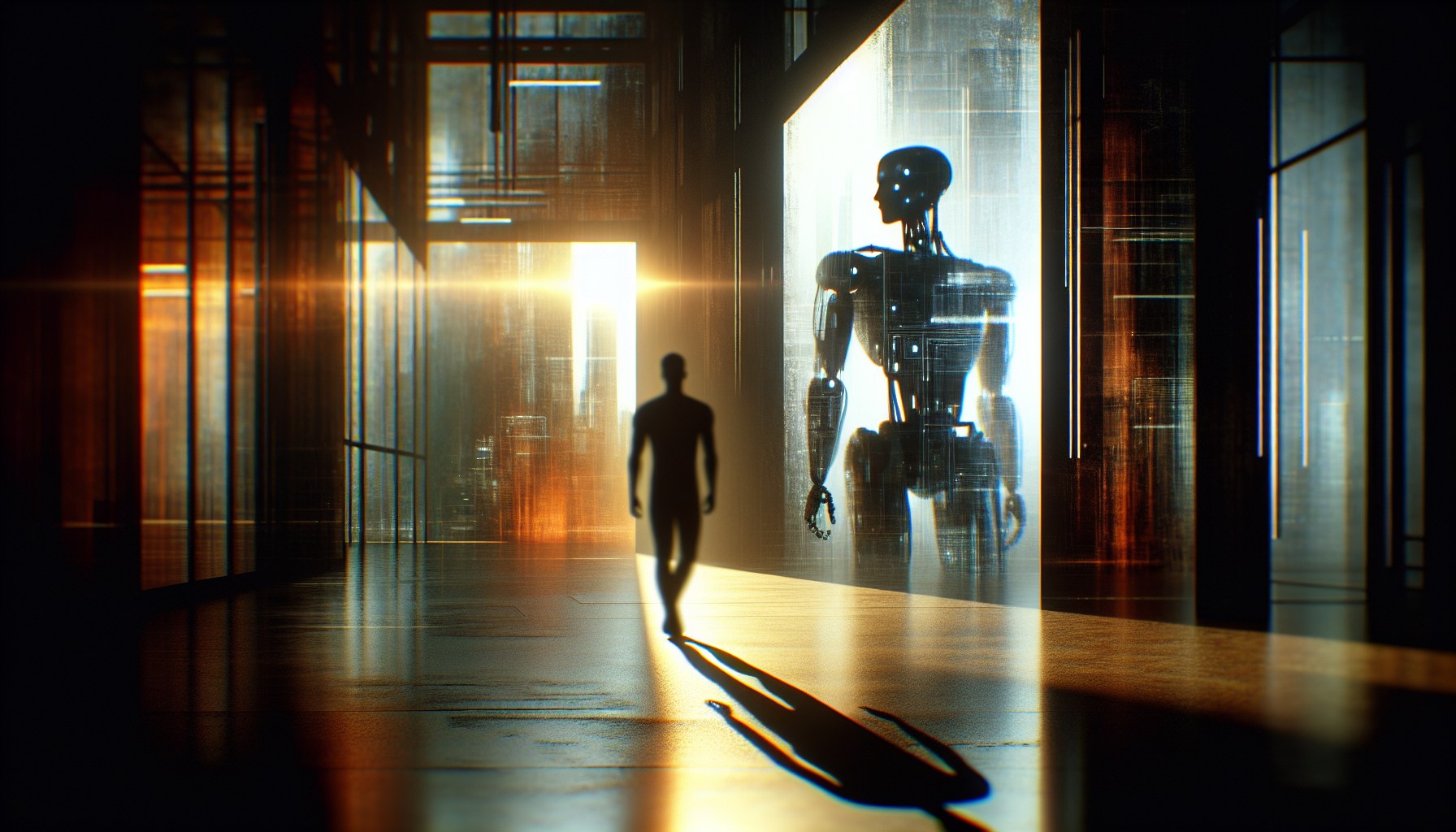 Create an editorial image that captures how AI is changing workplace ethics, presented in a dramatic, cinematic style re