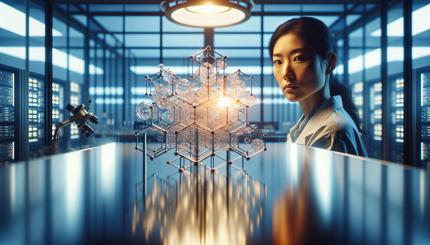 Produce an environmental portrait of an Asian woman scientist, whose focus is slightly past the camera, in her minimalis