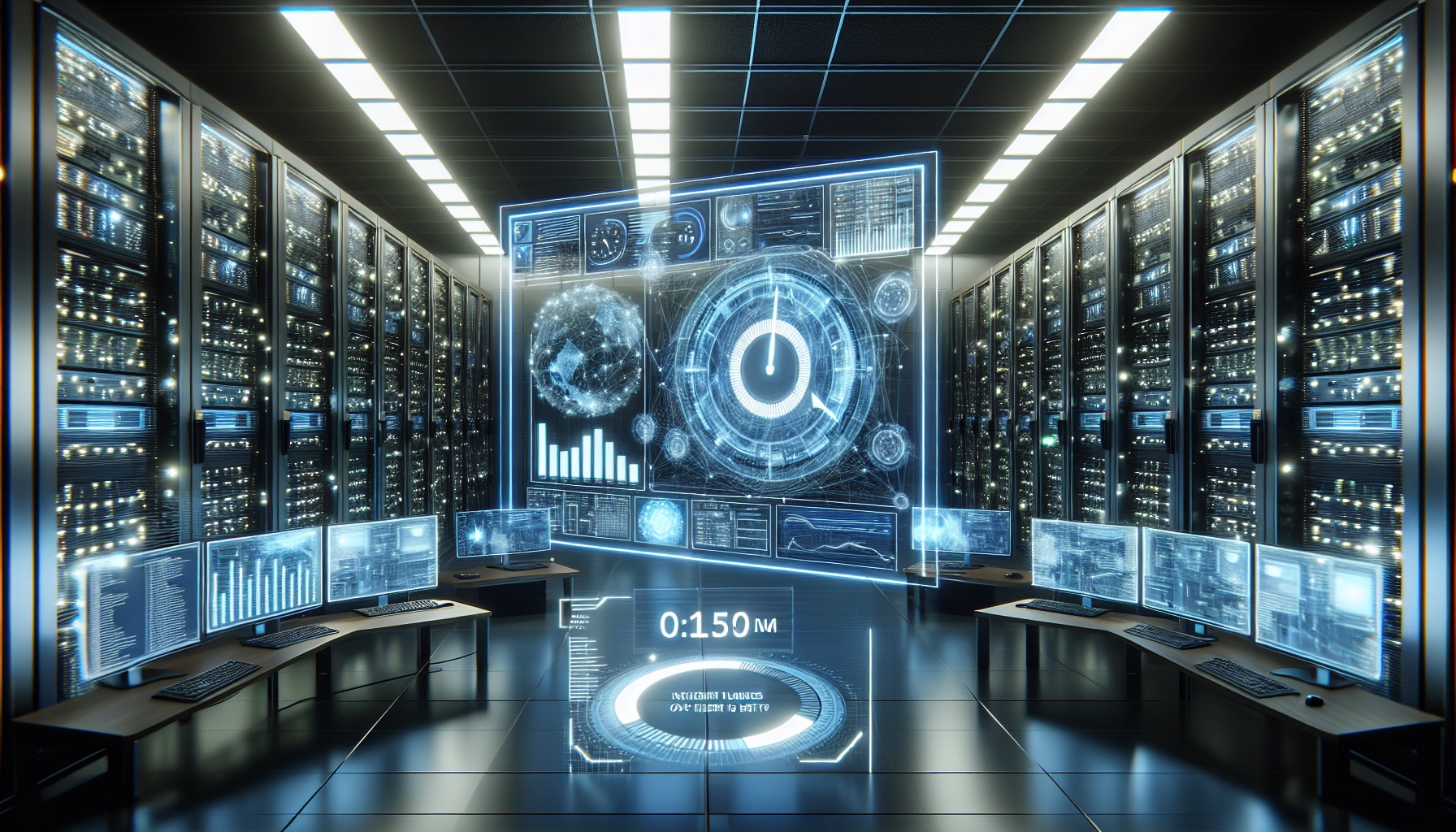 Visualize a dynamic DevOps control room where a single AI orchestrator console is busy gathering data streams from numer