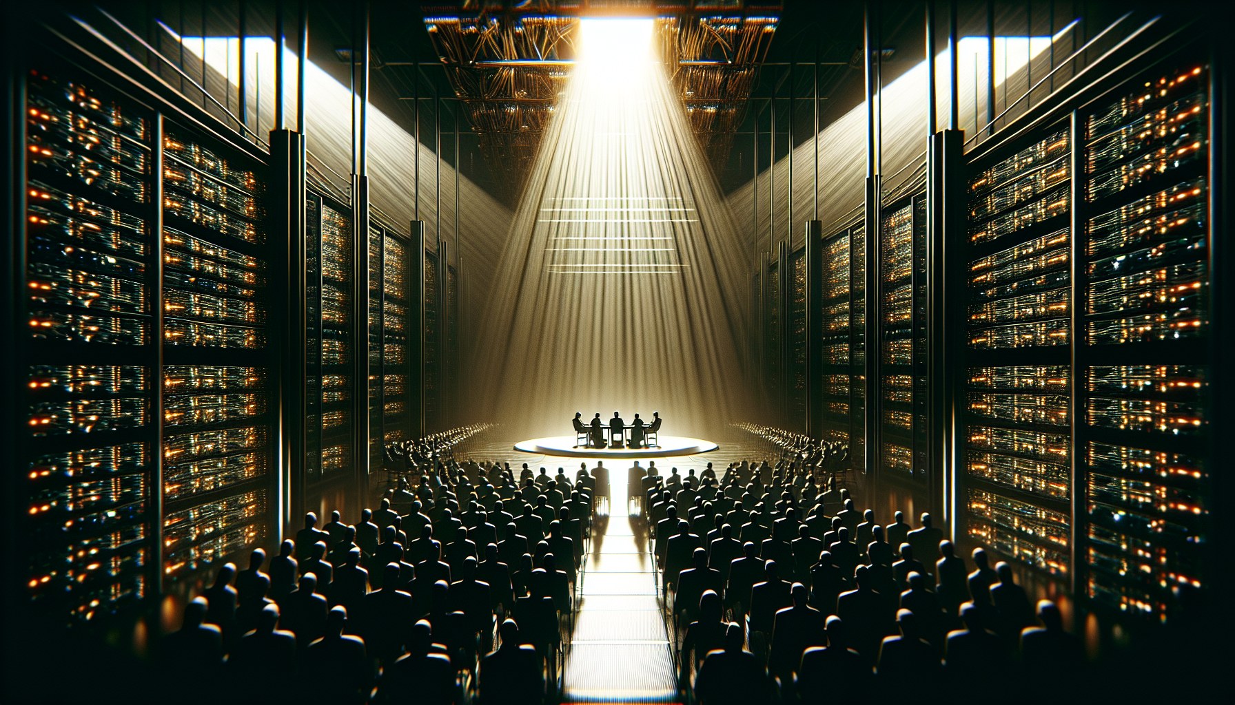 Visualize a cinematic editorial illustration full of visual tension and strong geometry. Think of creating a scene with 