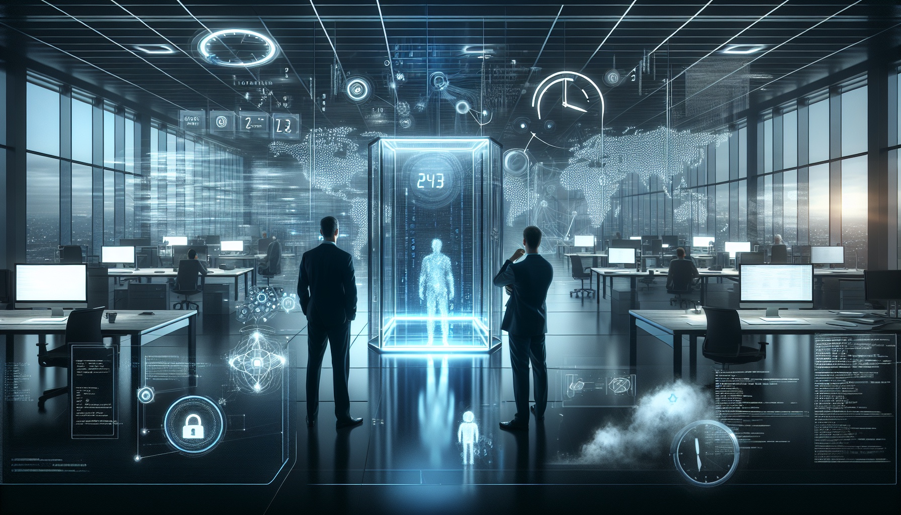 Envision a sleek, modern open-plan office during the twilight hours, bustling with an array of activity. Two individuals