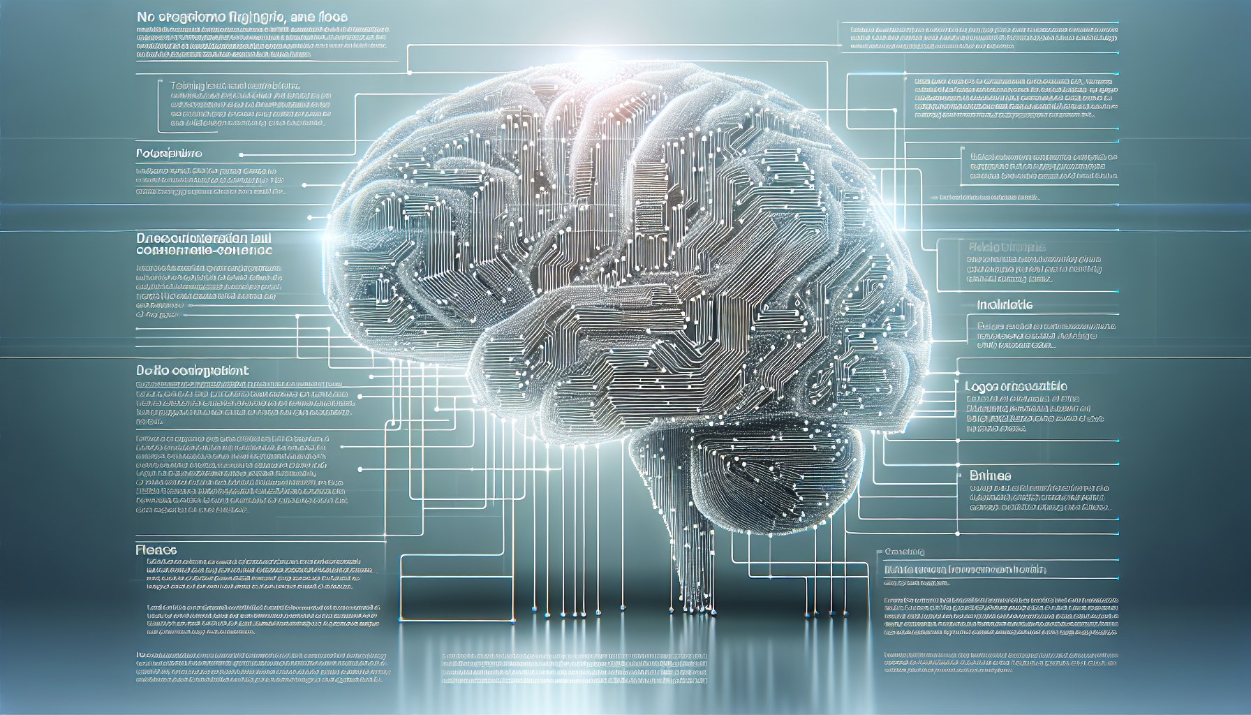 Create a schematic image of the brain, where the neural connections are represented by lines of code and blocks of text 