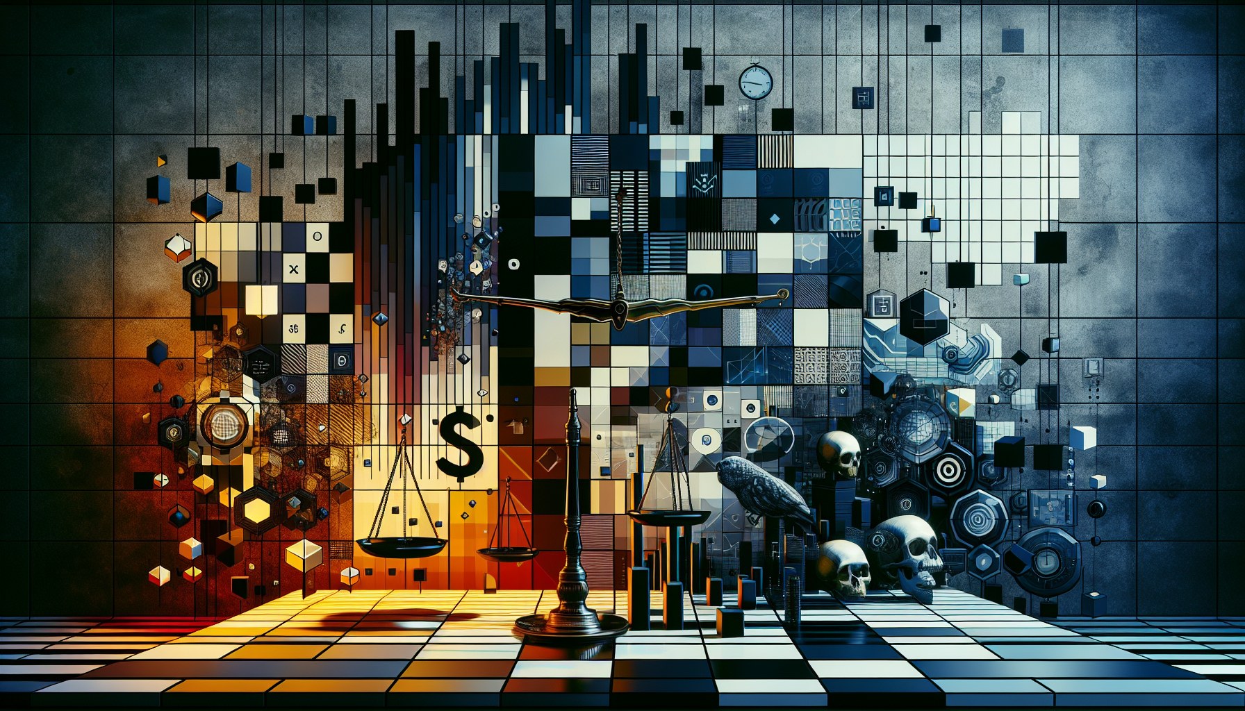 Create a cinematic editorial illustration in the style of a Stanley Kubrick film. The image should be of an abstract gra