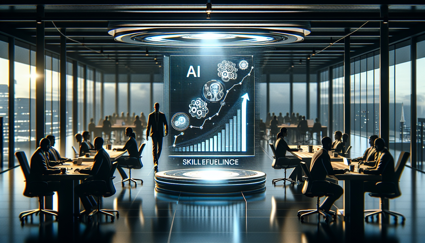 A high-contrast, photorealistic illustration set in a professional business context. The scene should be depicted in a w