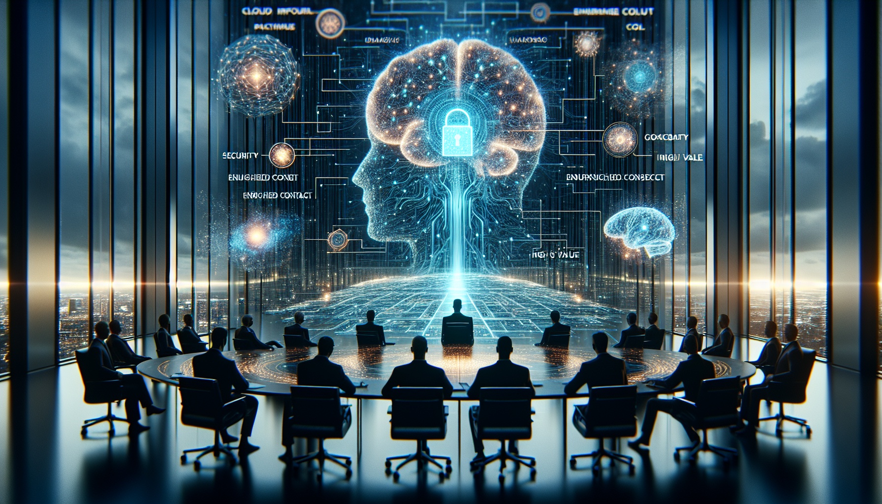 Imagine a cinematic 16:9 composition of a modern corporate boardroom filled with senior executives in sleek business att