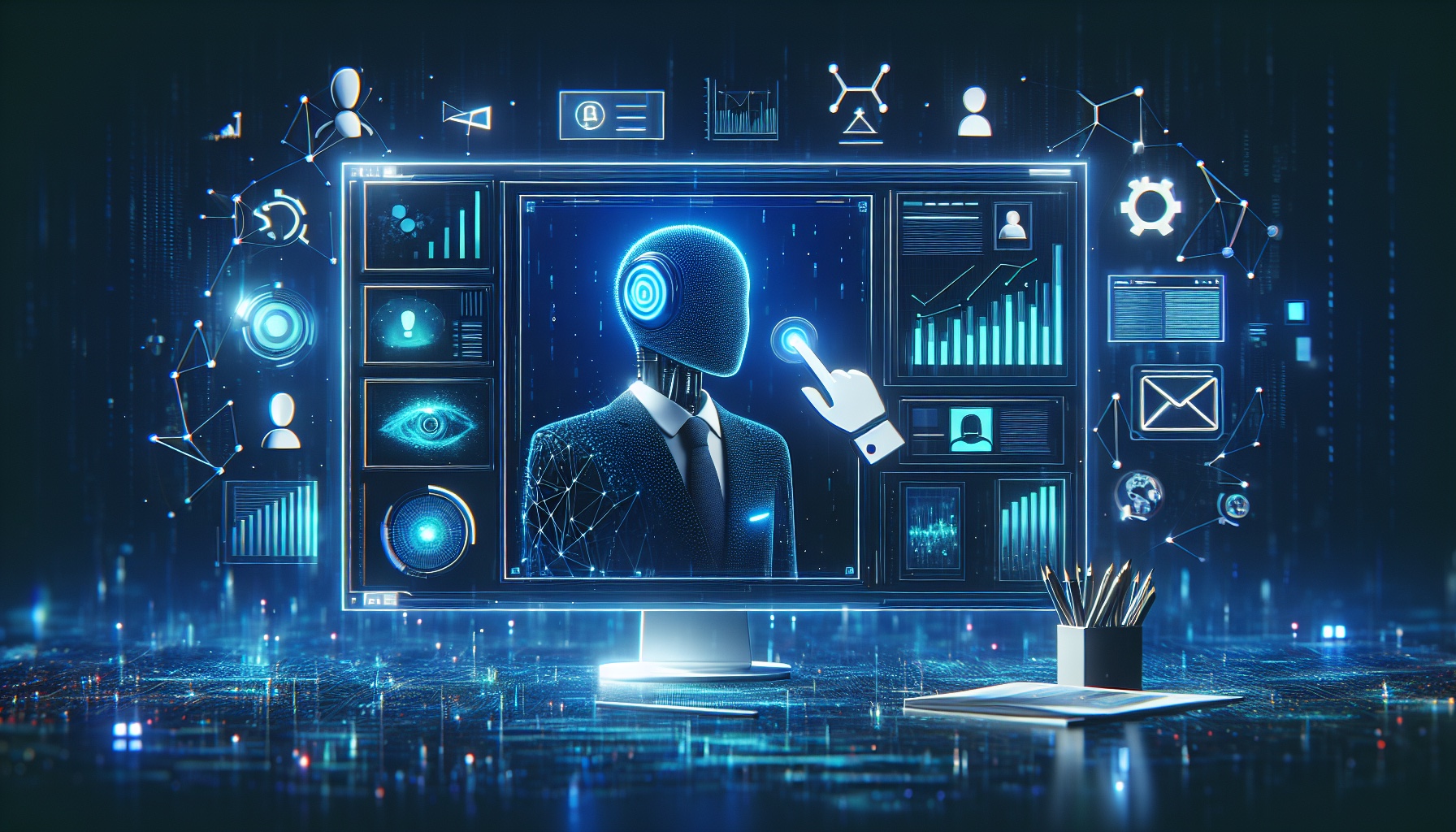 Illustrate a photorealistic and cinematic scene of a professional business context, specifically an icon of a desktop wi