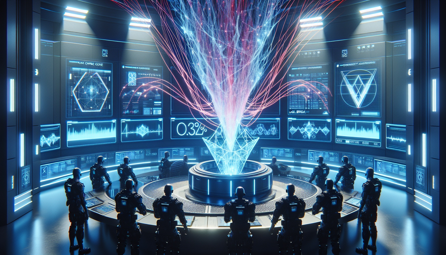 Create a cinematic and photorealistic image in a widescreen 16:9 format. The scene is a futuristic security control room