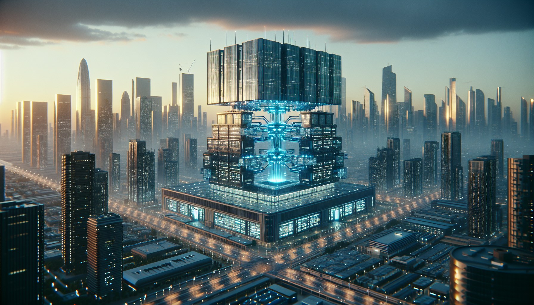 Create a wide-angle architectural composition with a large-format film aesthetic. The image should focus on a building e