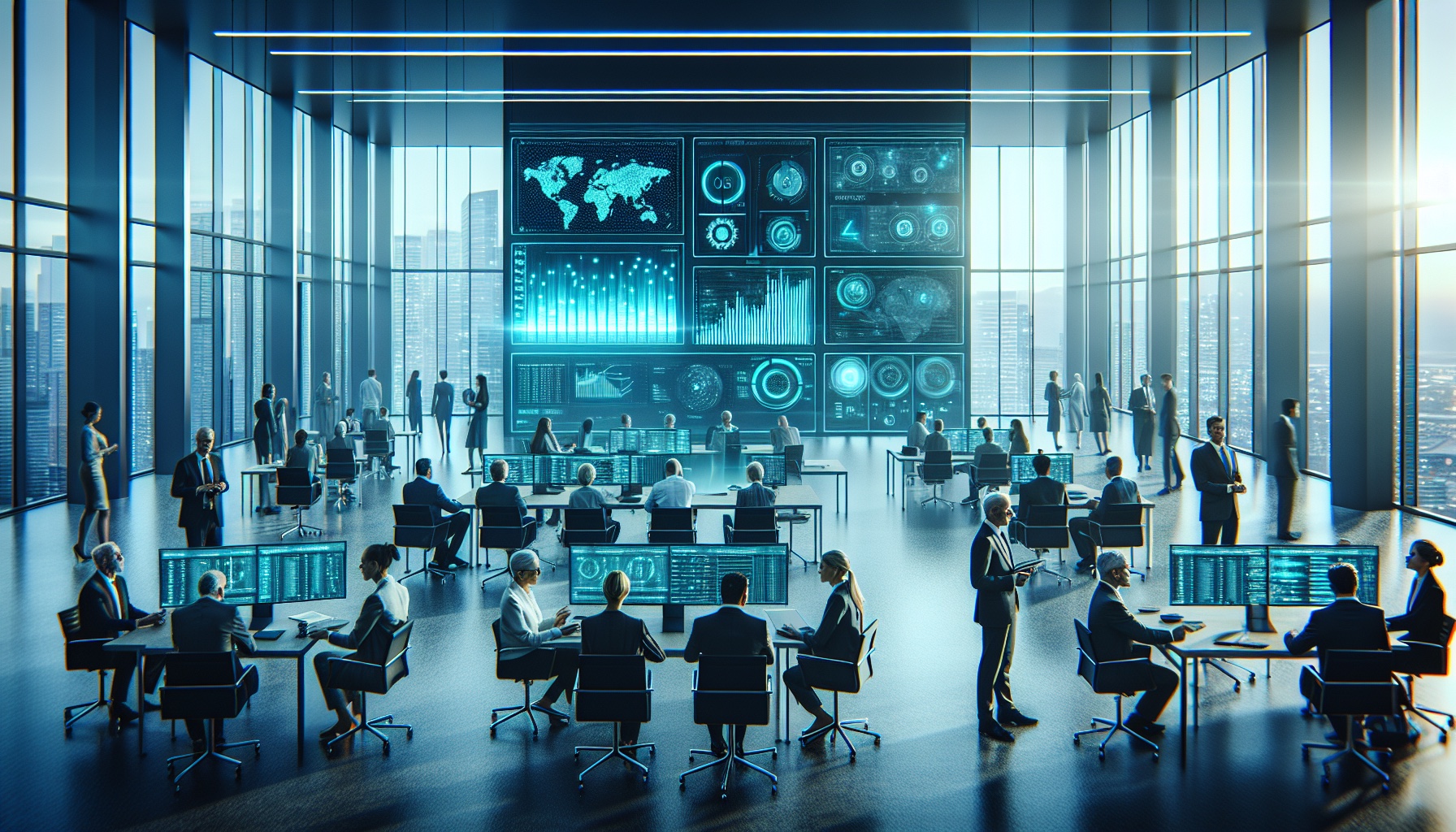 An image in the style of a photorealistic editorial news photograph. The scene is set in a modern, open-plan office bath