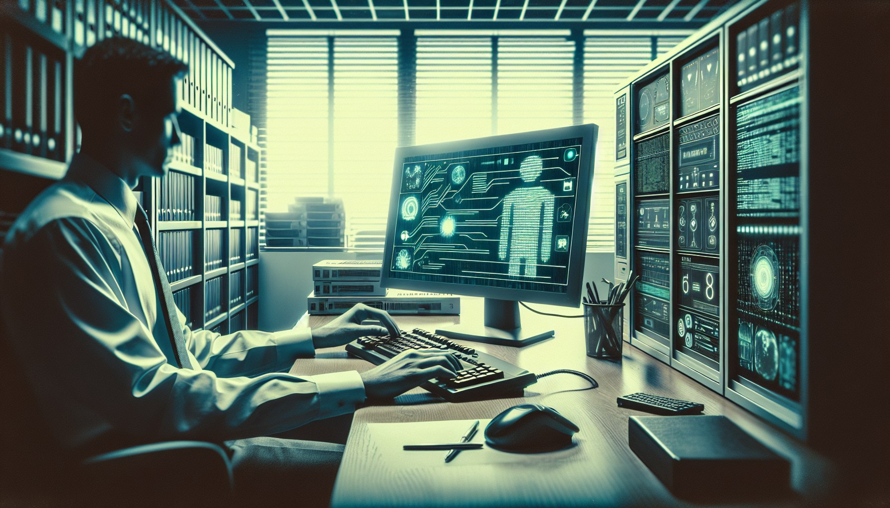 Visualize a high-contrast retro-film styled black-and-white photograph. The image hails from the 90s, displaying office 