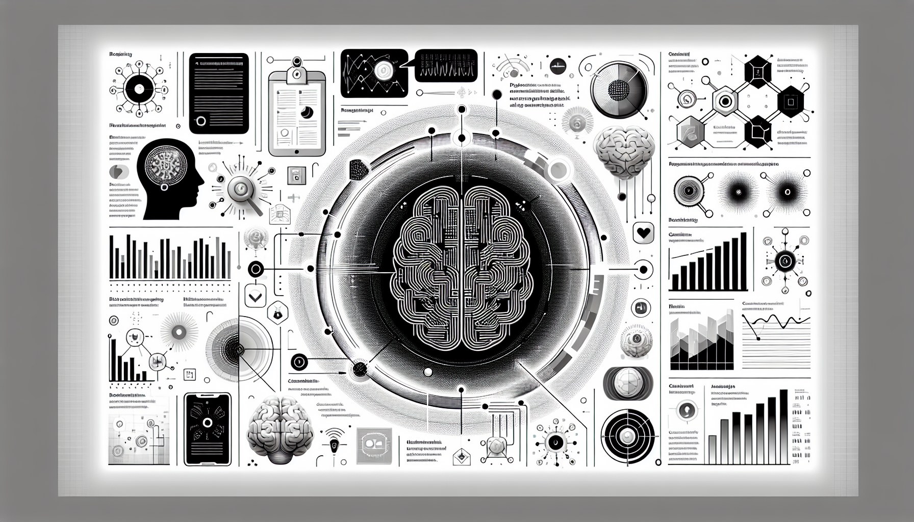 Design a high-contrast, black and white, editorial infographic devoid of text. The composition should adhere to a clean 