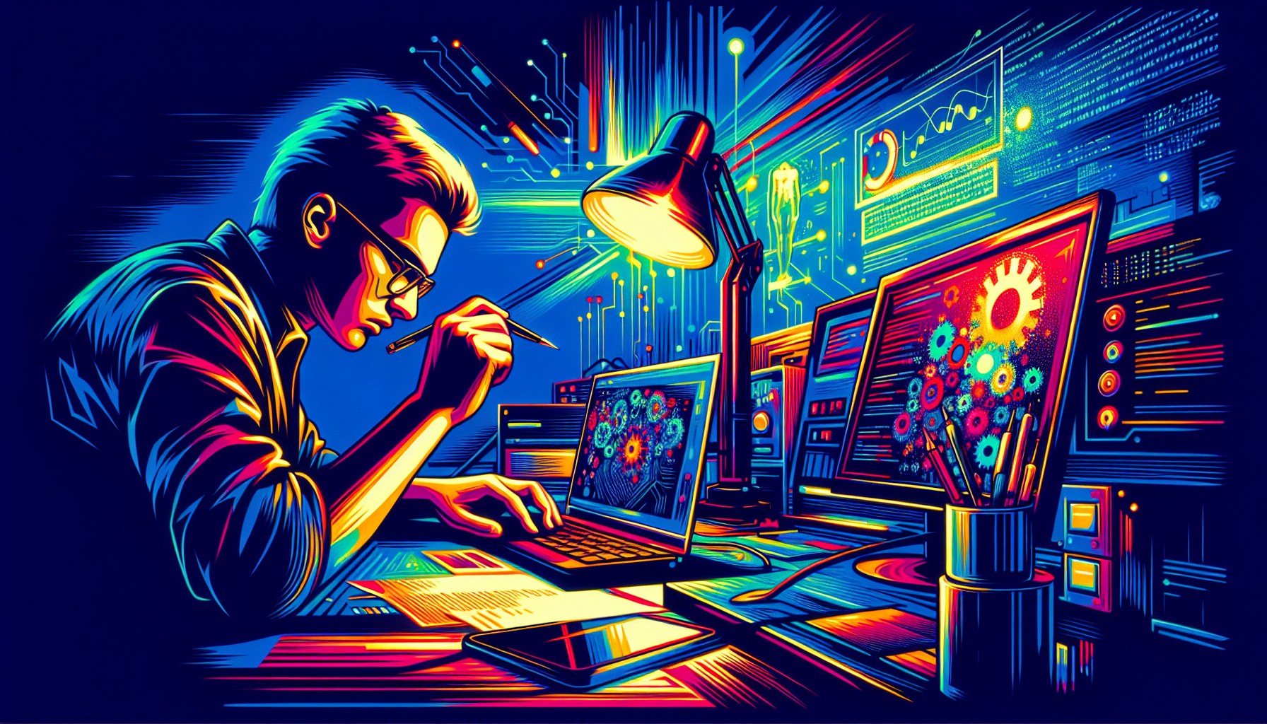Create a striking, environmental portrait of an individual engrossed in their workspace, specifically focused around the