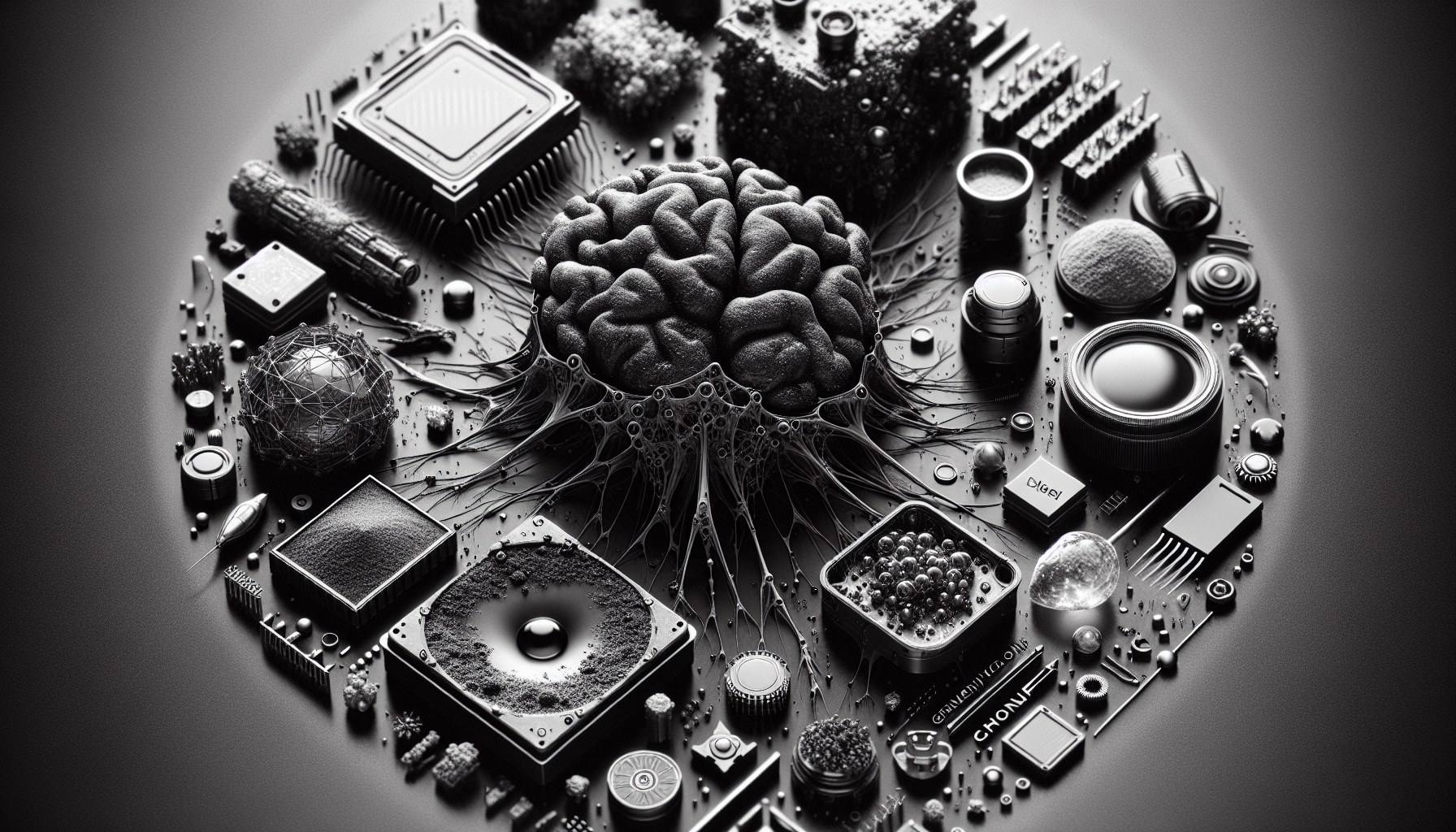 Create a high-contrast, black-and-white, extreme macro photograph of subjects related to the themes of Large Language Mo