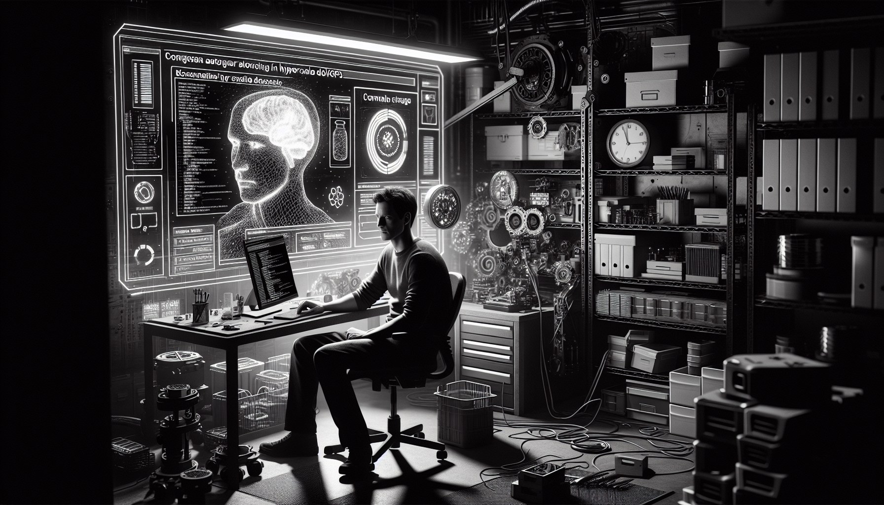 In this high-contrast, black-and-white environmental portrait, a figure is positioned in their workspace, surrounded by 