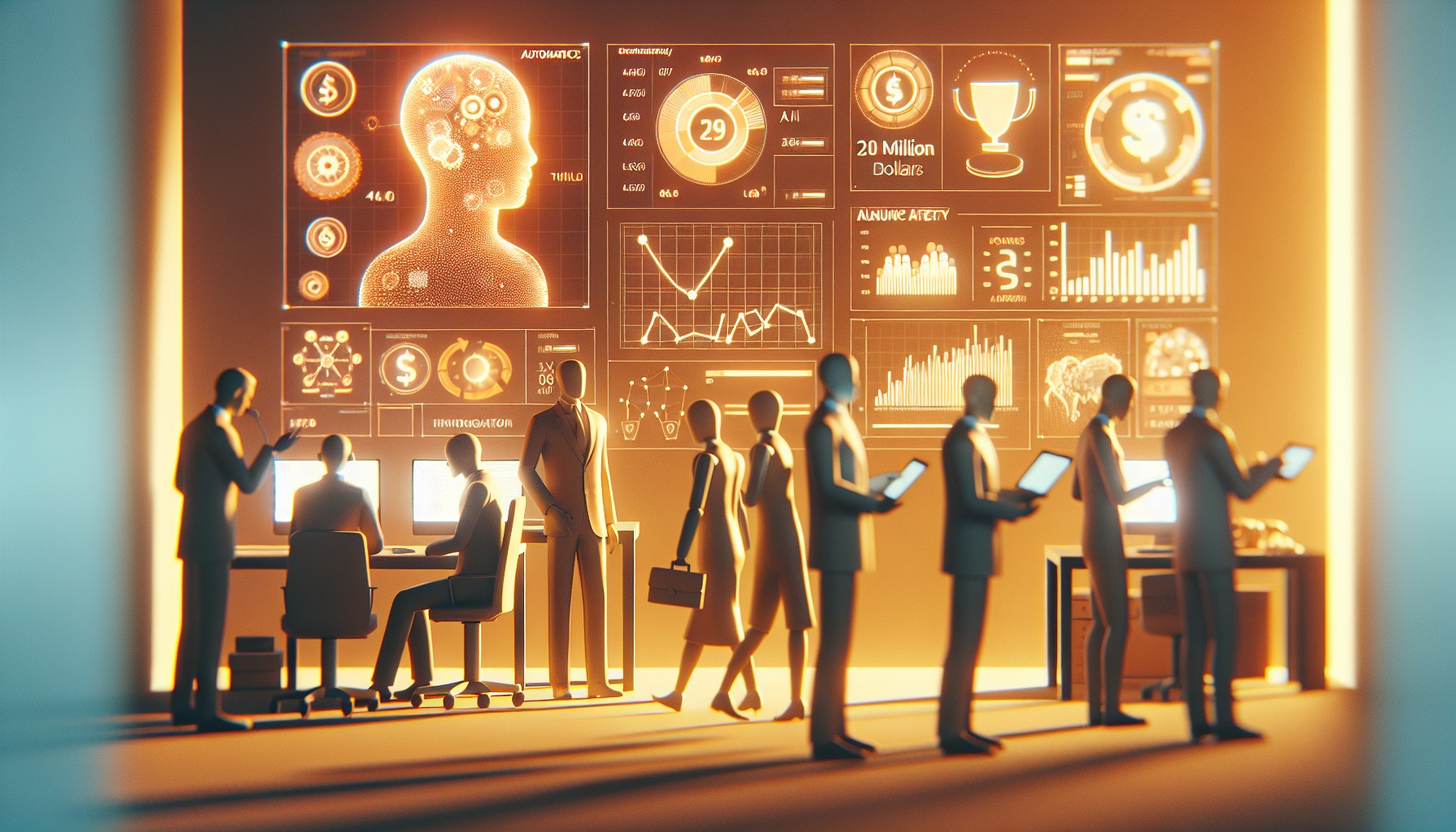 Create a 16:9 editorial composition embodying a warm and optimistic outlook. Focus on a scene with AI agents working in 