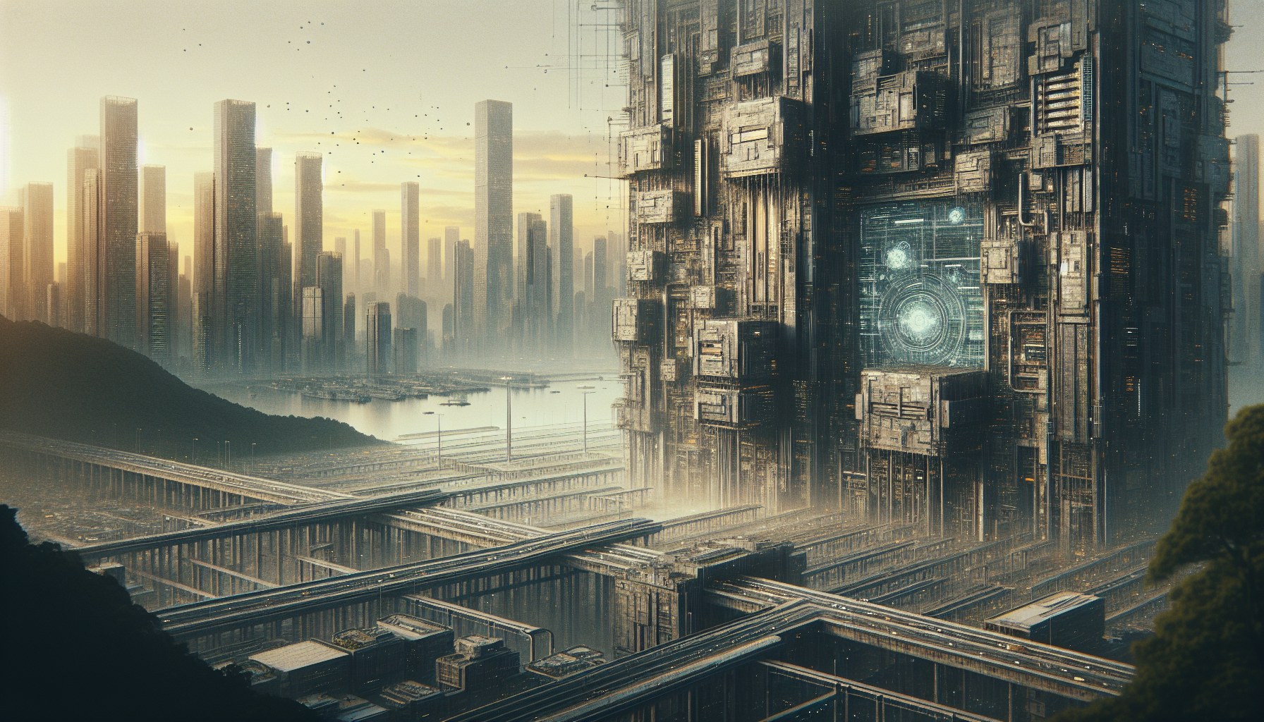 Create a 16:9 editorial composition evoking an architectural landscape inspired by the aesthetics of Andreas Gursky and 