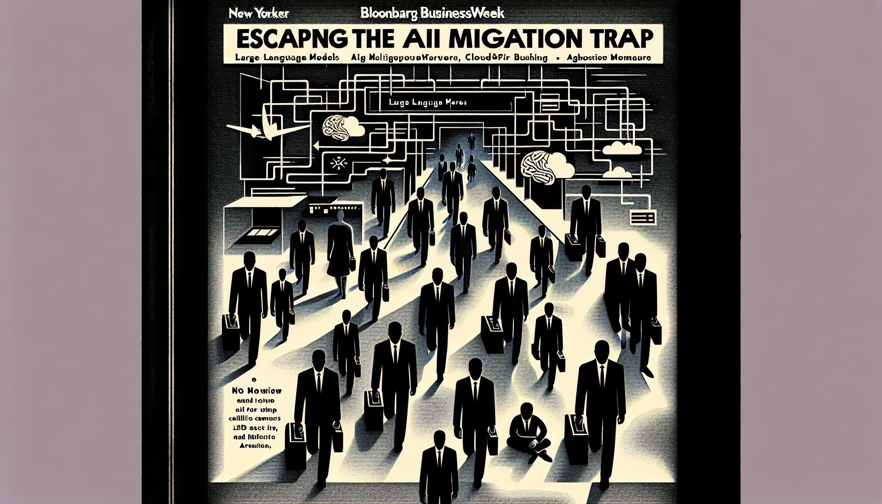 Create a stylized, editorial illustration in risograph or screen-print texture reflecting the theme of escaping the AI m