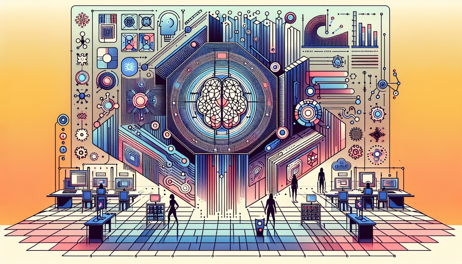 Create a 16:9 editorial image with an abstract, geometric infographic that represents the concepts of AI agents, large l
