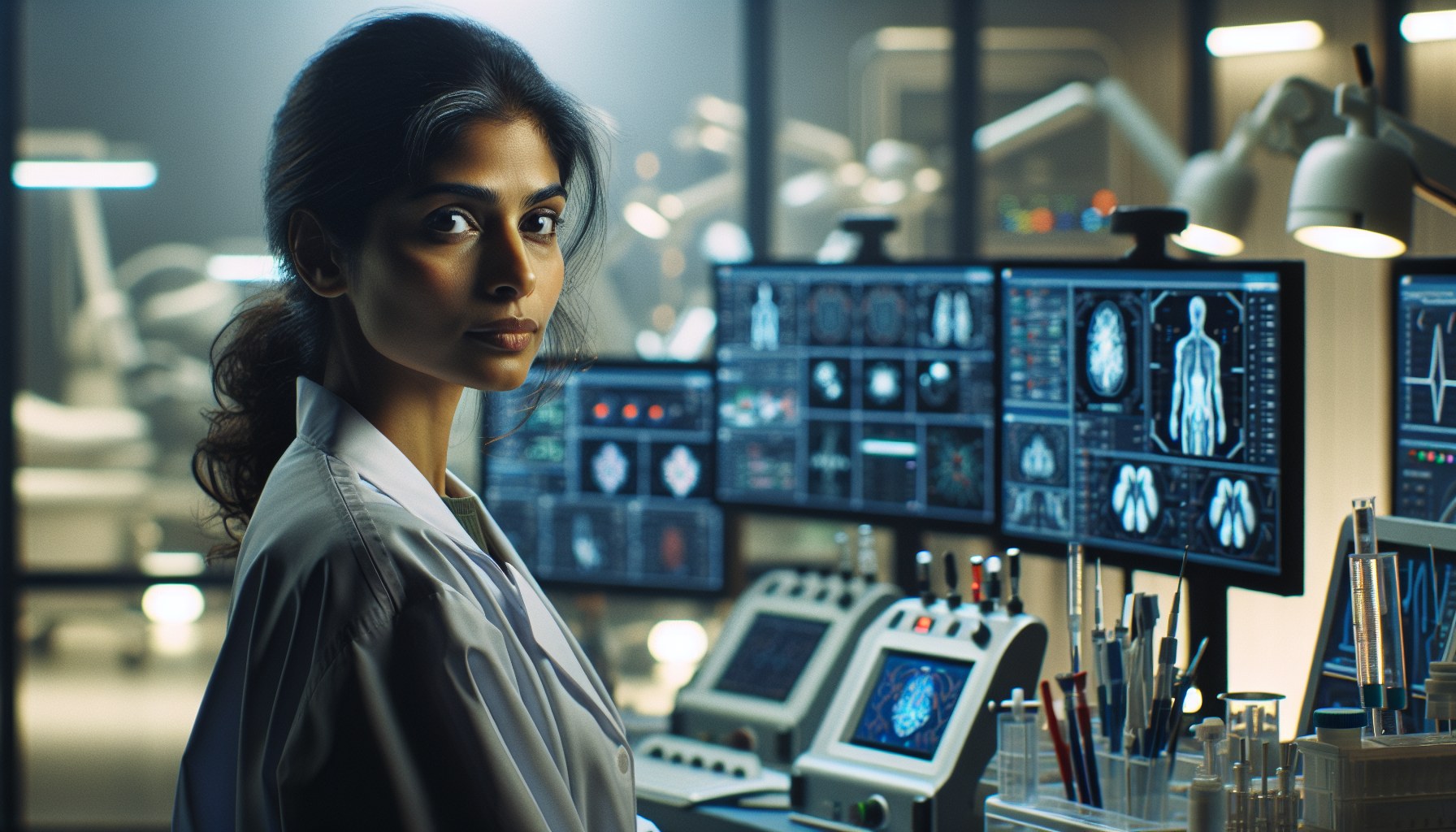 Imagine an environmental portrait of a genetic researcher focusing on an enhanced version of AI, GPT-5.5, in a health ca