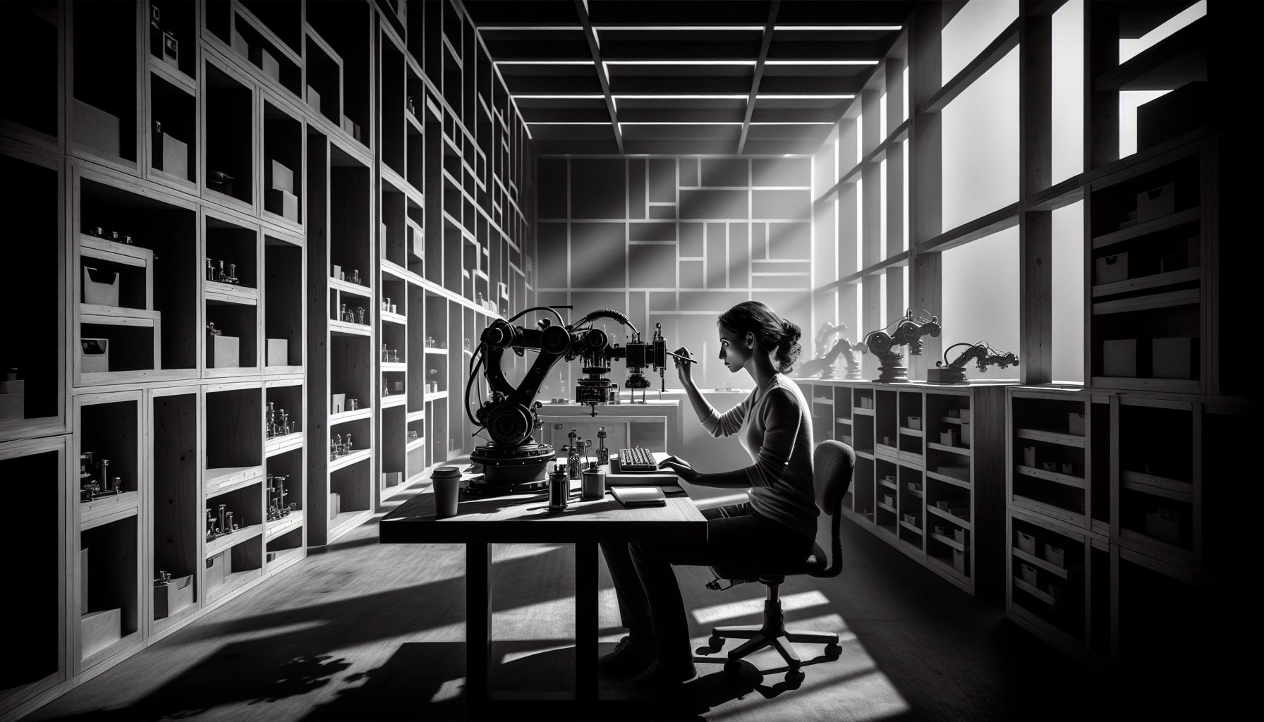 Imagine a high-contrast black-and-white environmental portrait of a person engaged in their workspace, which relates to 
