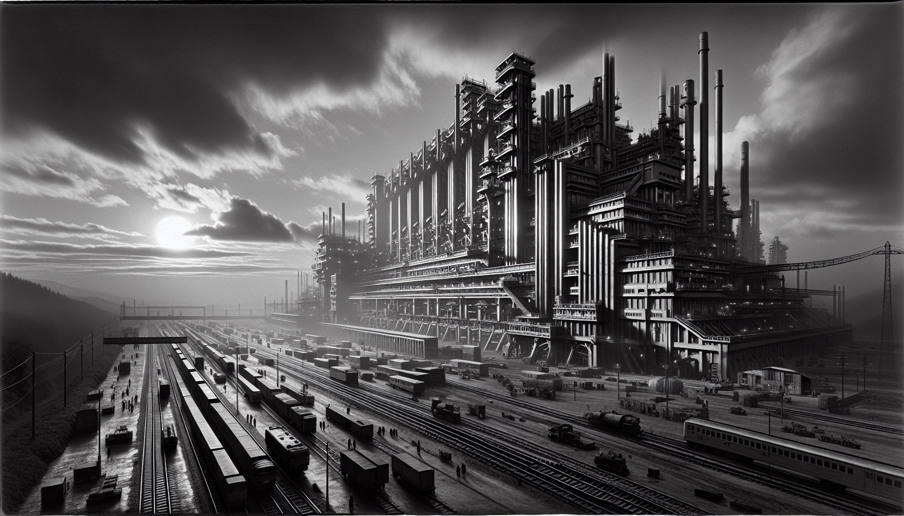 Imagine a wide-angle architectural landscape composition that showcases an industrial complex or large scale natural env
