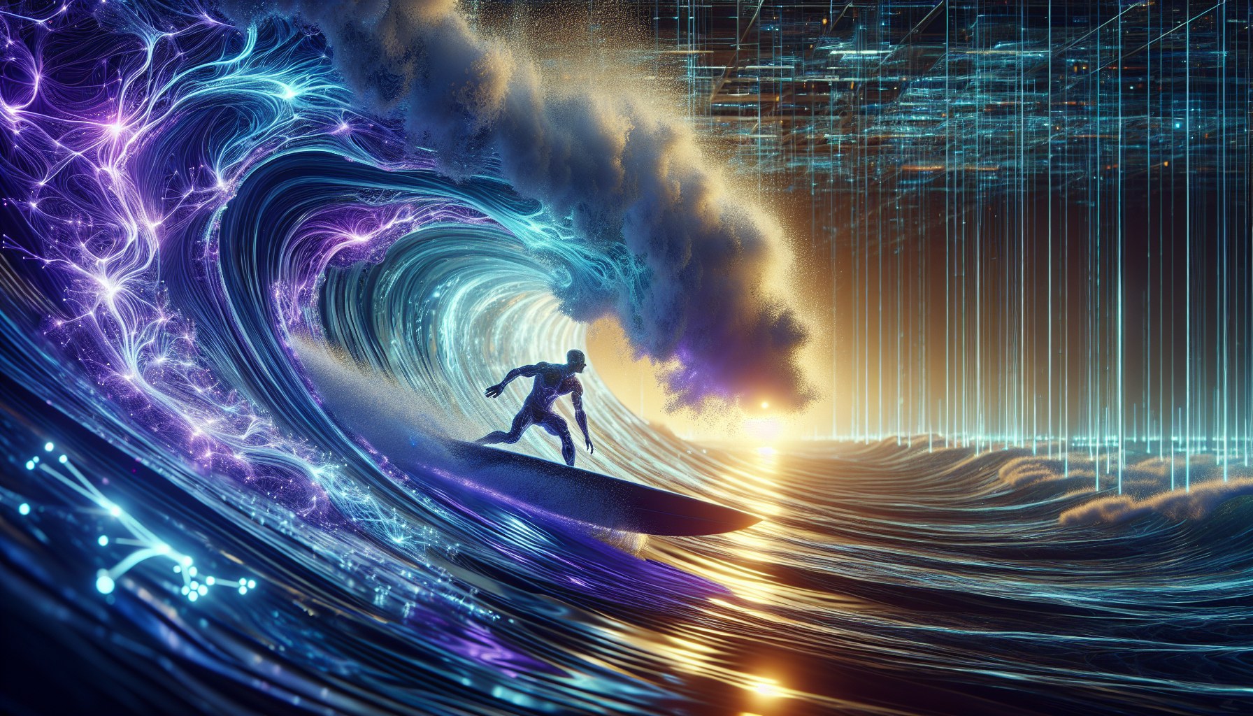 A cinematic visual representation of a surfer, embodying the prowess of Australia, confidently maneuvering through a gar