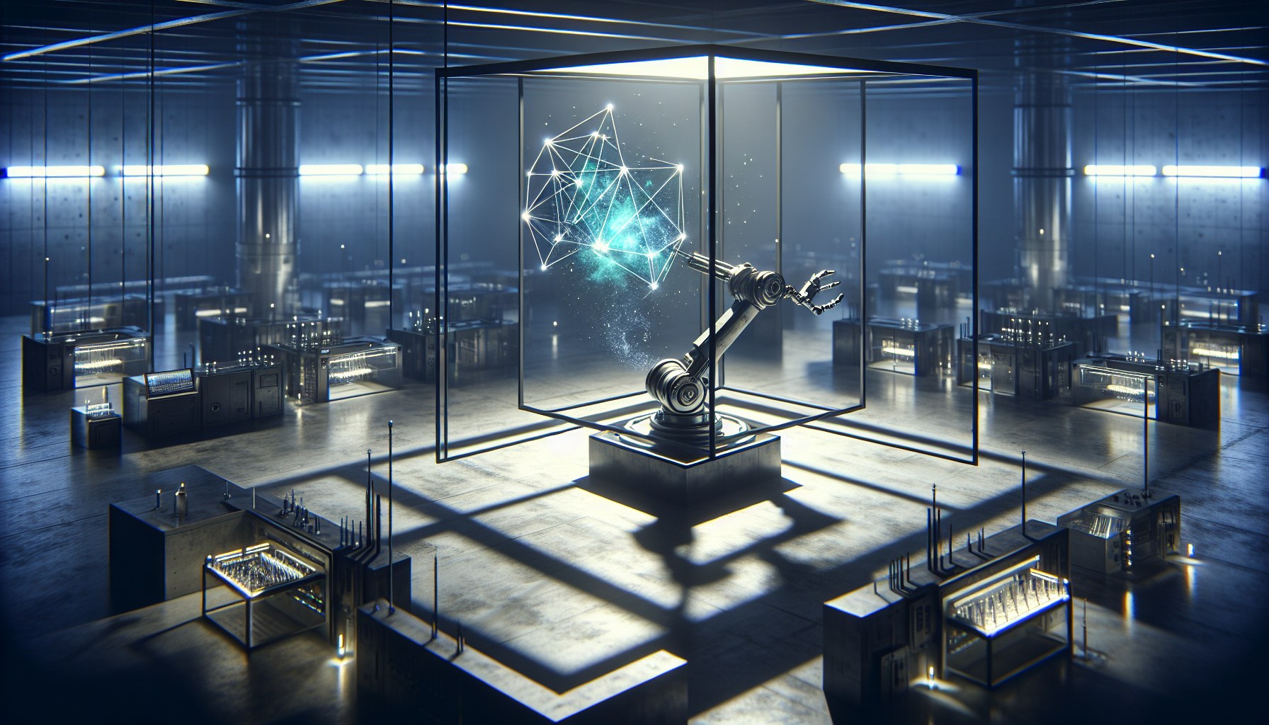 Imagine a technologically advanced laboratory bathed in atmospheric, cinematic lights with shadows creating a visually d