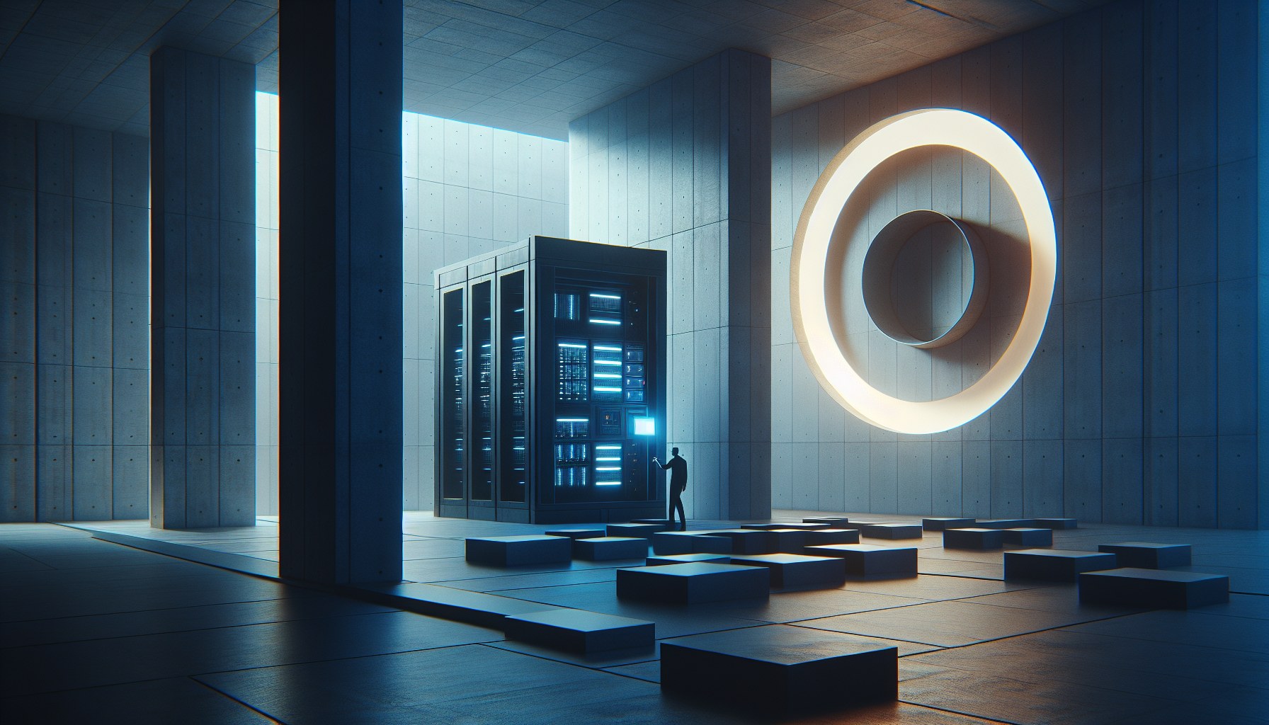 Construct a minimalist, brutalist image combining stark geometric forms and spacious emptiness, evoking works of archite