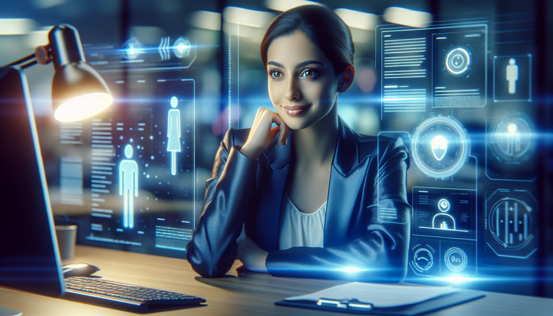 Create a close-up image of an AI assistant personified as a Middle Eastern, slightly nervous yet confident female busine