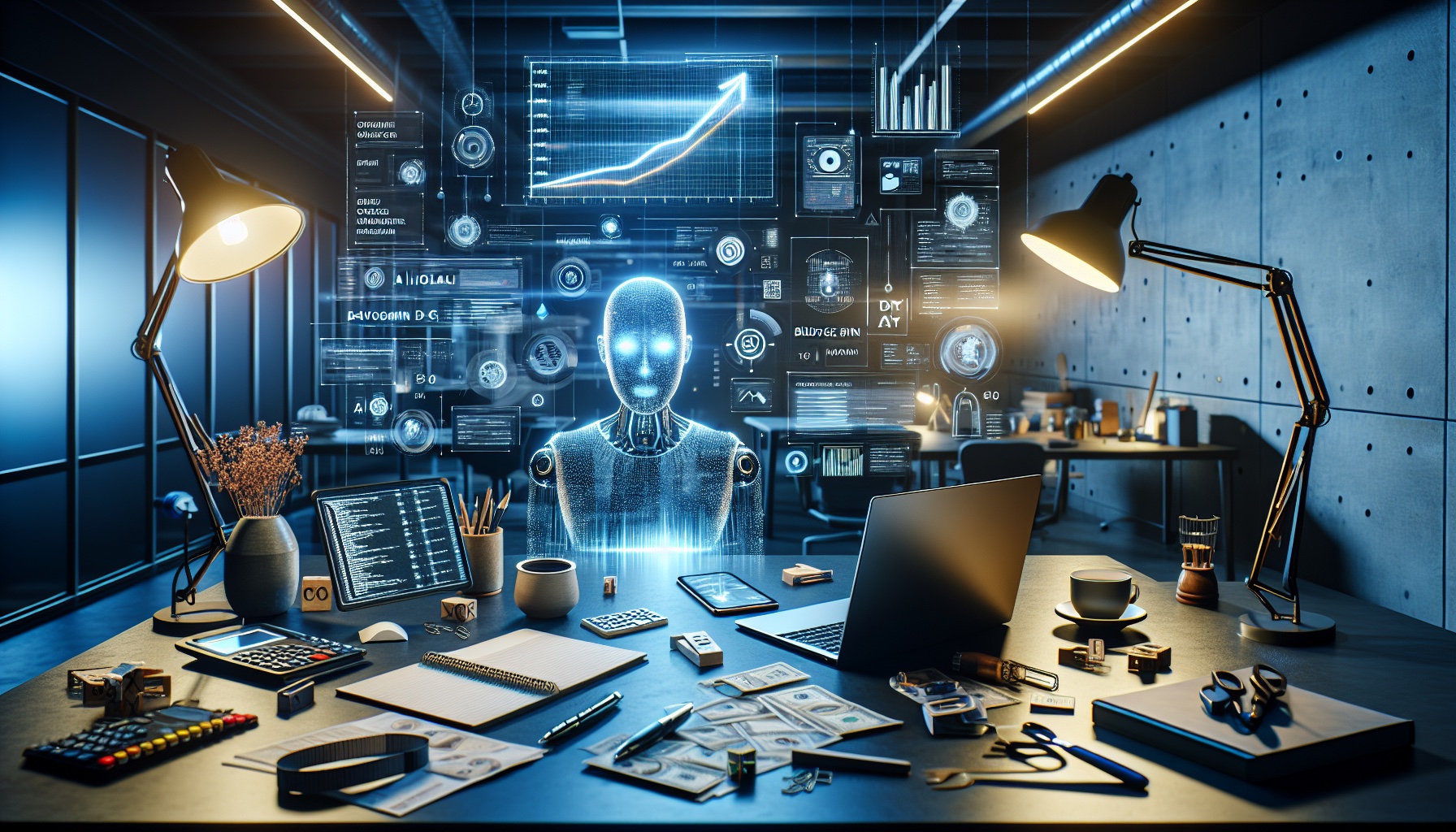 Depict a modern, wide-angle office scenario with a high contrast between cool blue-gray and warm amber lighting. A sleek