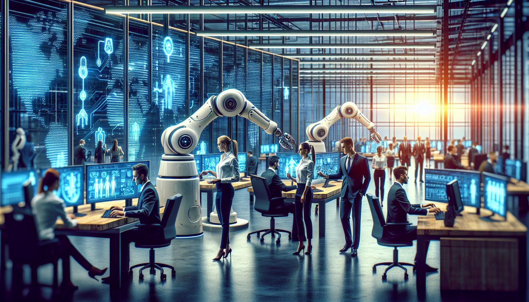 Generate an image of a stylized corporate office scene, where robotic arms and digital interfaces are smoothly integrate