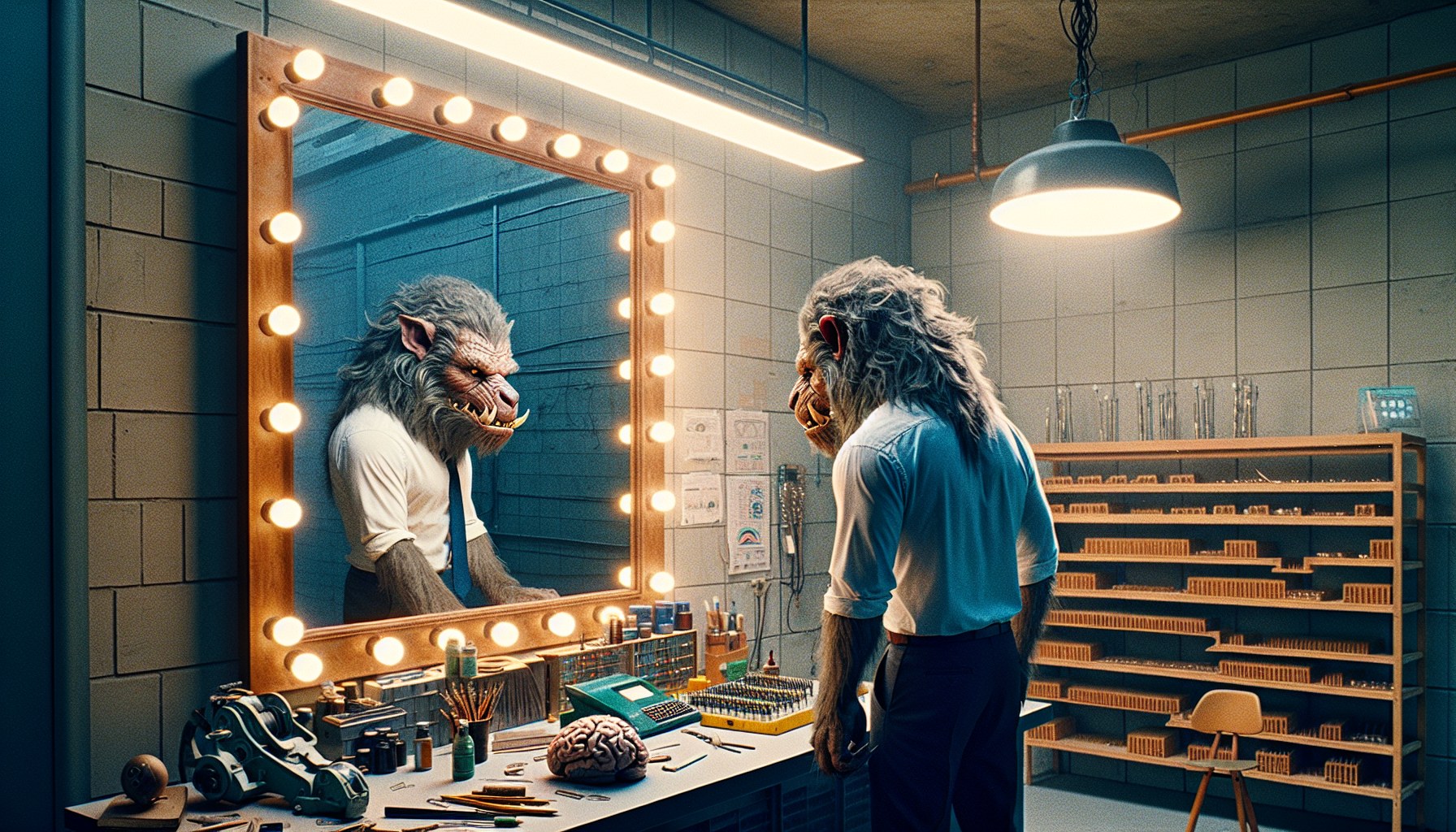 Create an environmental portrait picture with a strong visual narrative. The image portrays one anthropomorphic wild bea