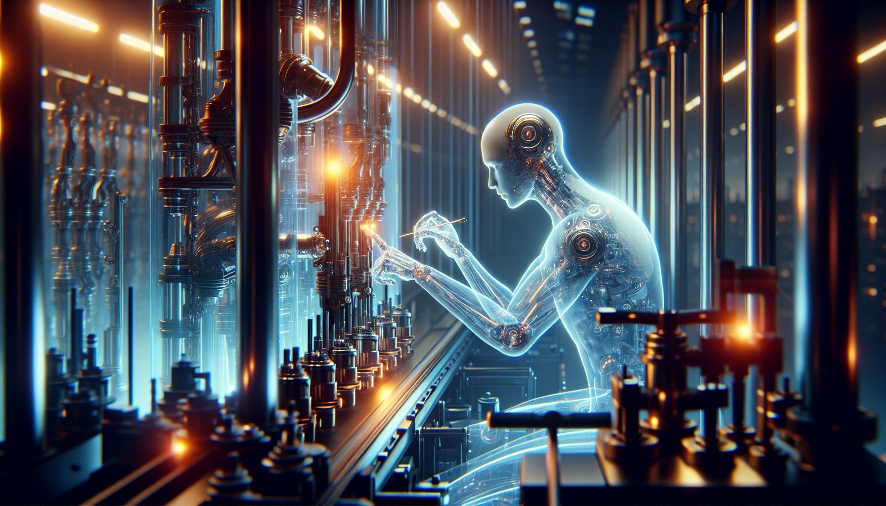 Create a cinematic, widescreen 16:9 image of a sophisticated industrial area focusing on AI development. Capture the int