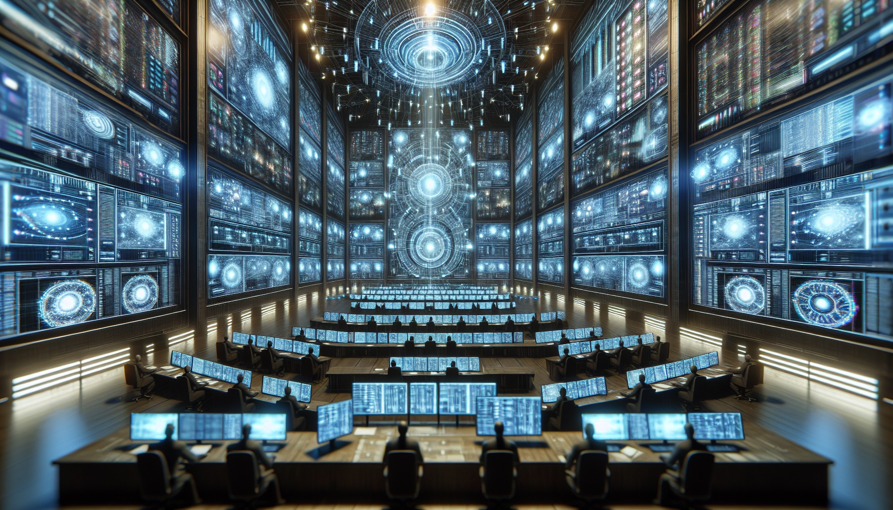 Visualize a wide-angle view of an intricate control room. The control room should resemble a futuristic version of a sto
