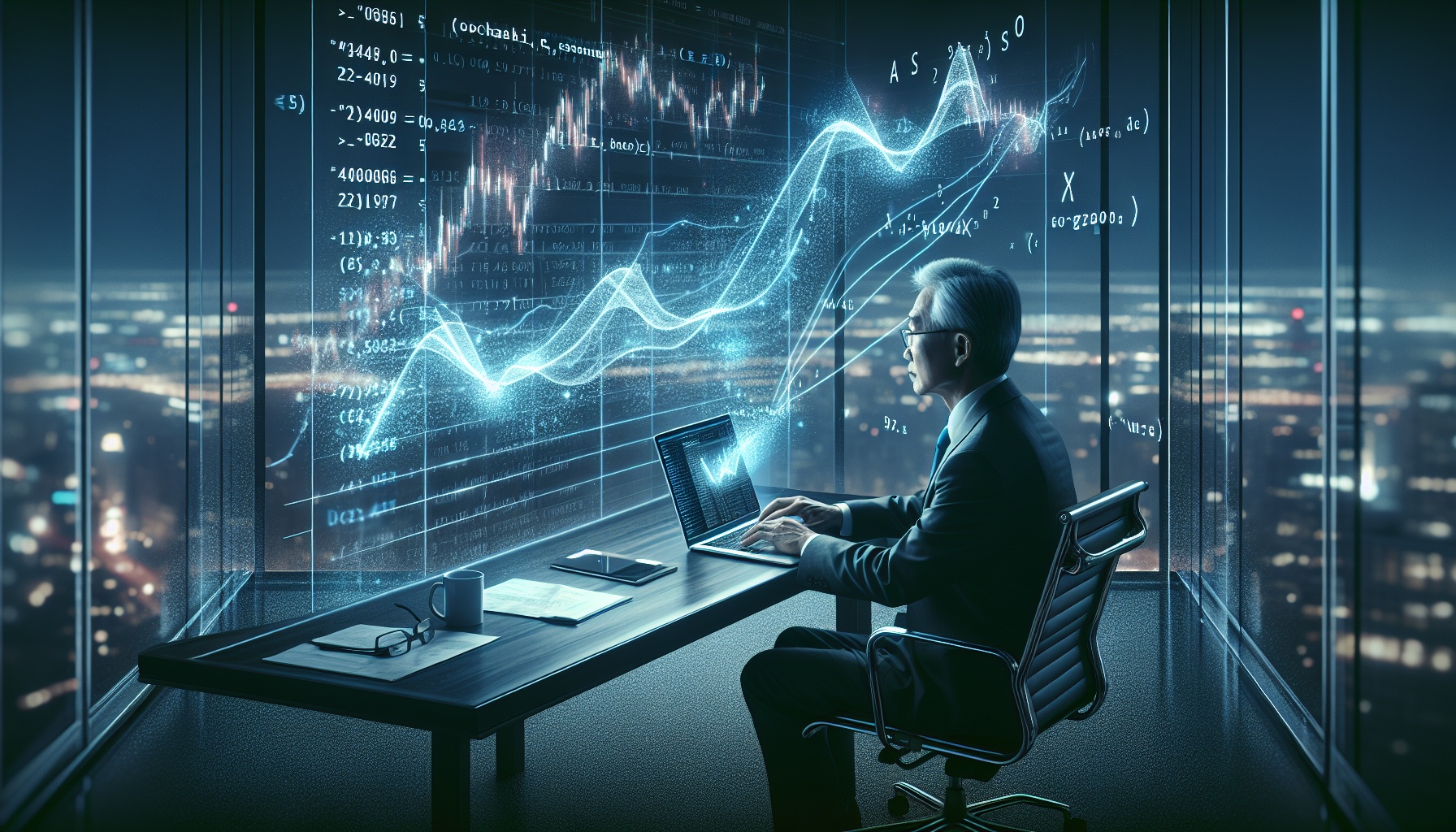 A pictorial representation of a modern, sleek office desk highlighted in cool blue-gray light. The desk is adorned with 