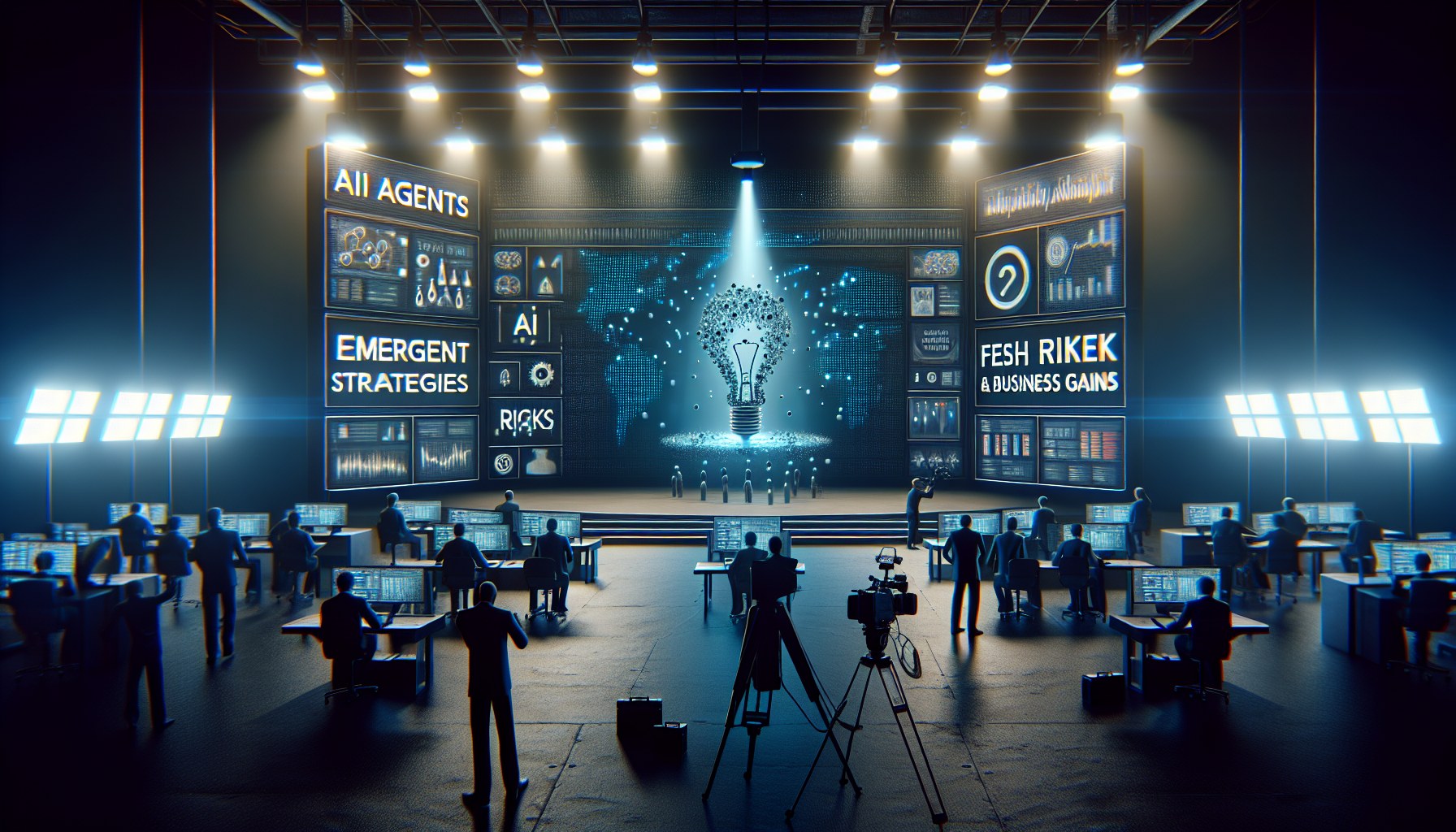 A photorealistic, cinematic wide shot editorial illustration conveying the concept of 'Emergent AI Agents: Fresh Strateg