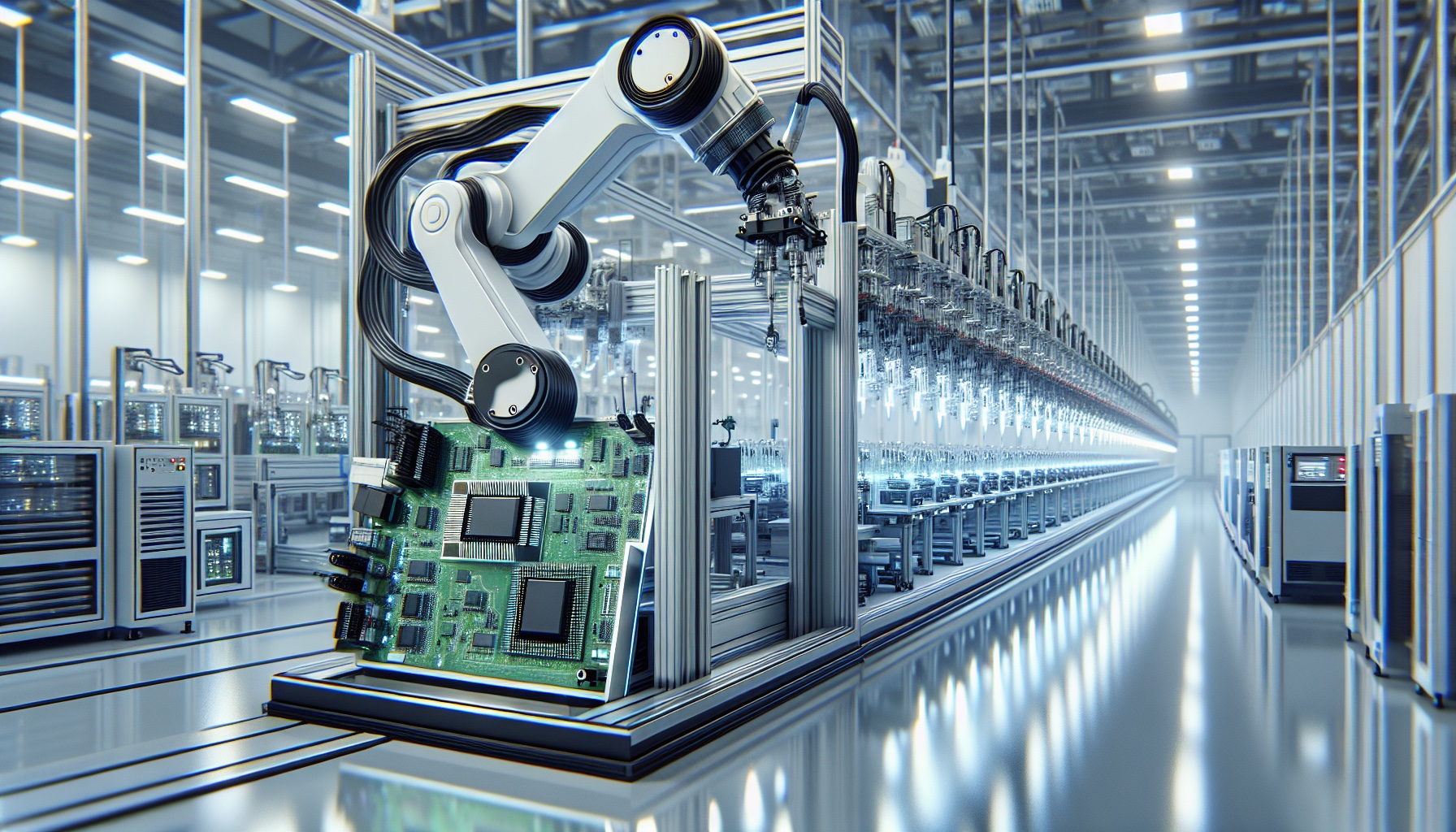 Render a photorealistic, cinematic wide-angle shot of a modern factory environment. The image should emphasize scale and