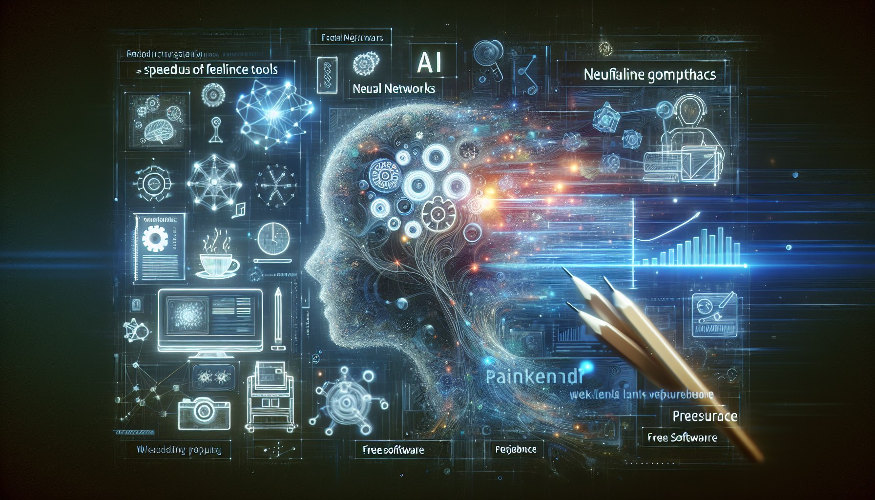 Create a photorealistic, cinematic wide shot image that encapsulates the concept of using AI tools to speed up freelance