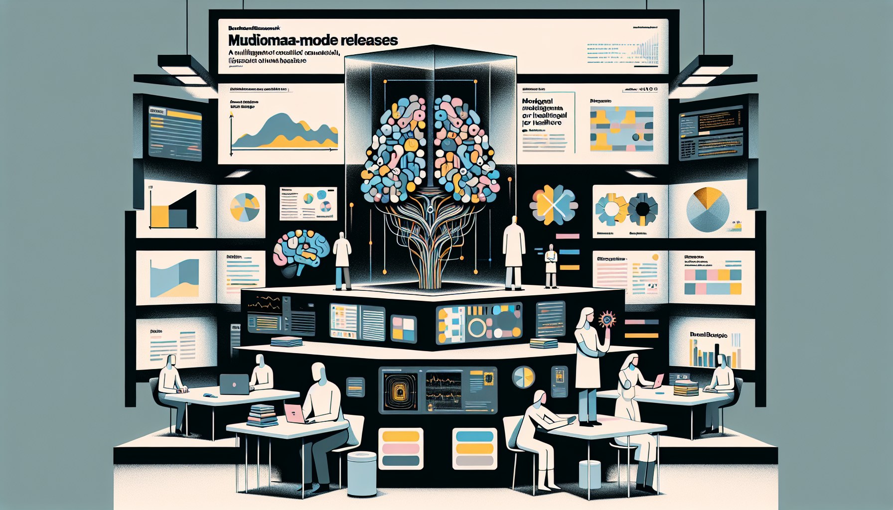 Create a stylised editorial illustration in a flat 2D composition with bold geometry. The palette should consist of thre